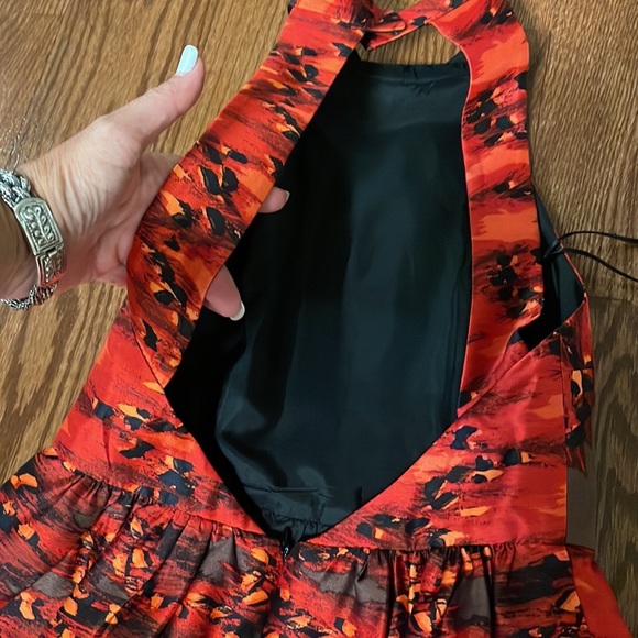 NWOT TIBI SILK mini OPEN BACK high COLLAR halter Multi red brown pleat front 0 - Picture 12 of 16